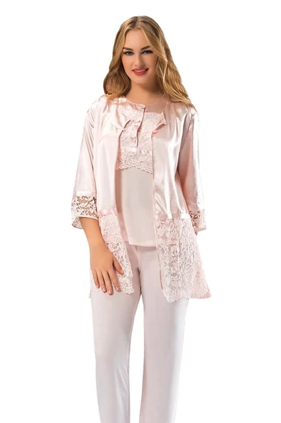Sistina Bayan Pudra Penye Dantelli Sabahlık Pijama Takımı 1417 ürün görseli 1