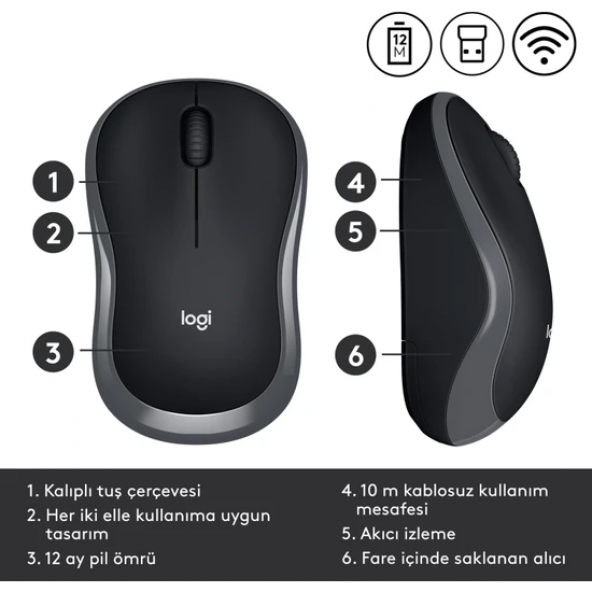 Logitech M185 USB Alıcılı Kompakt Kablosuz Mouse - Siyah - Resim 2