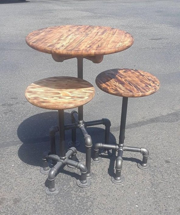 Dekoratif Borudan Sehpa ve Tabure 3lü Set RafNo432 ürün görseli 1