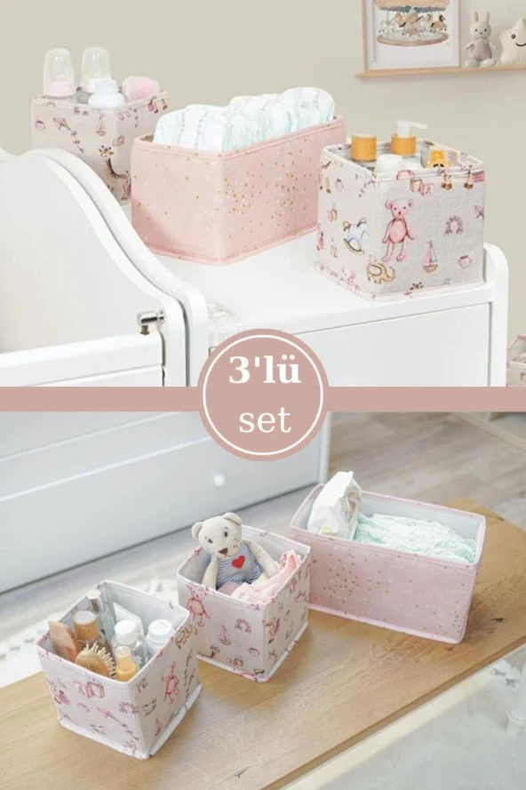 Onikiden Baby 3’lü Çekmece İçi Düzenleyici, Çok Amaçlı Bebek Bakım Organizer Kutu 3’lü Set Pembe ürün görseli 1