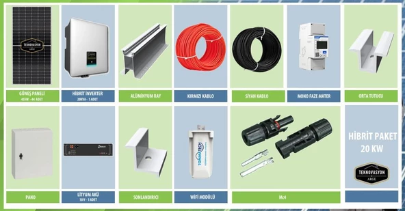 ON GRİD Lityum Hibrit 20 kW kVA Trifaze Solar Güneş Paneli Paket Sistemi ürün görseli 1