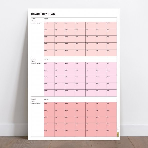 Tarihsiz Üç Aylık Duvar Takvimi, 90 Günlük Plan, Duvar Planlayıcı, Pembe Renk - 35x50 cm ürün görseli 1