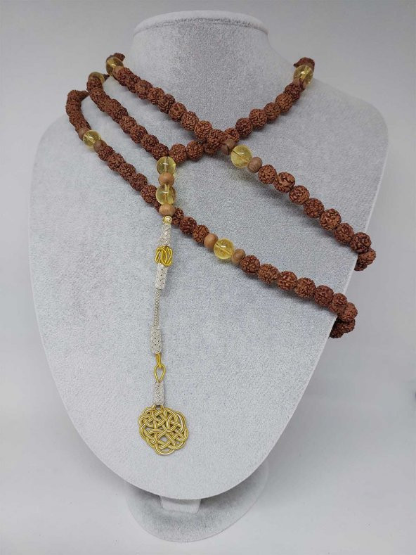Rudraksha Tohumlu Sitrin Taşlı 108lik El Yapımı Bakır Kazazlı Mala Kolye ürün görseli 1