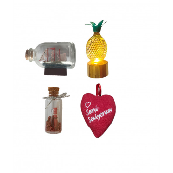 Eşe Sevgili Romantik Hediye Gold Ananas Mini Led Lamba Şişe Içinde Ahşap Gemi Dilek Şişe Kalp Yastık ürün görseli 1