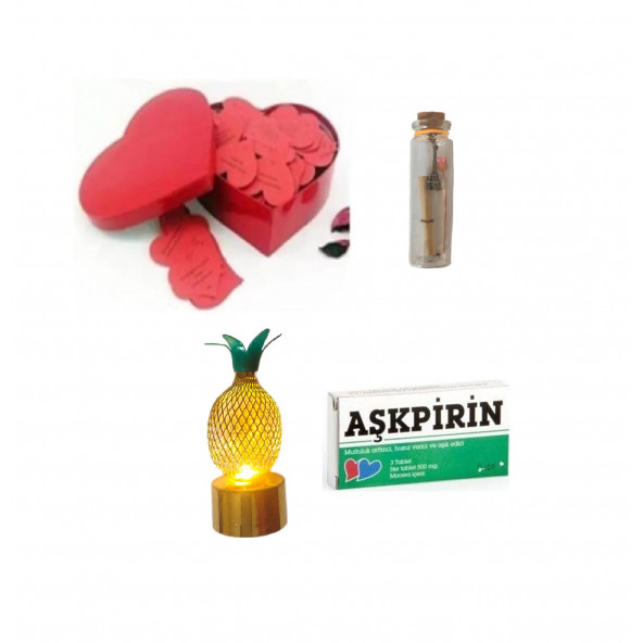 Eşe Sevgiliye En Güzel Gün Romantik Hediye Aşk Sözleri Kalp Kutusu Aşkpirin Ananas Lamba Dilek Şişe ürün görseli 1