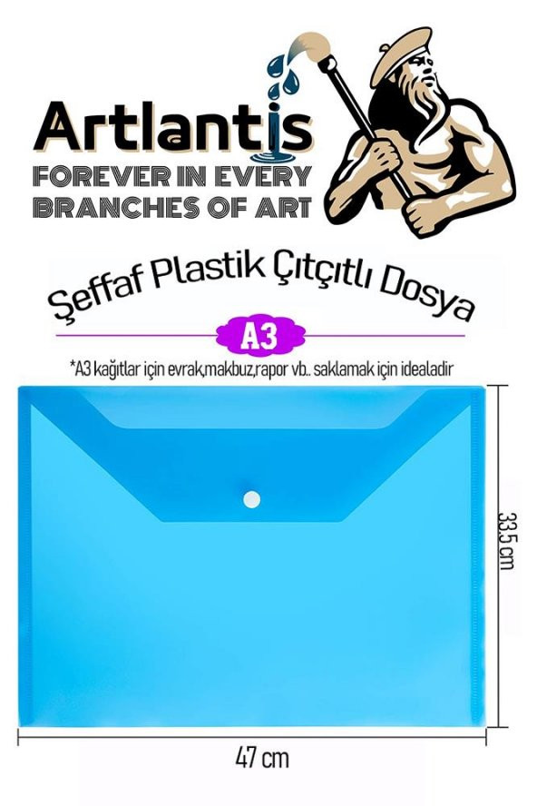 A3 Çıtçıtlı Dosya Mavi 1 Adet A-3 Çıt çıtlı Zarf Dosya Transparan 47x33.5 cm Büyük Boy Çıtçıtlı Dosya ürün görseli 1