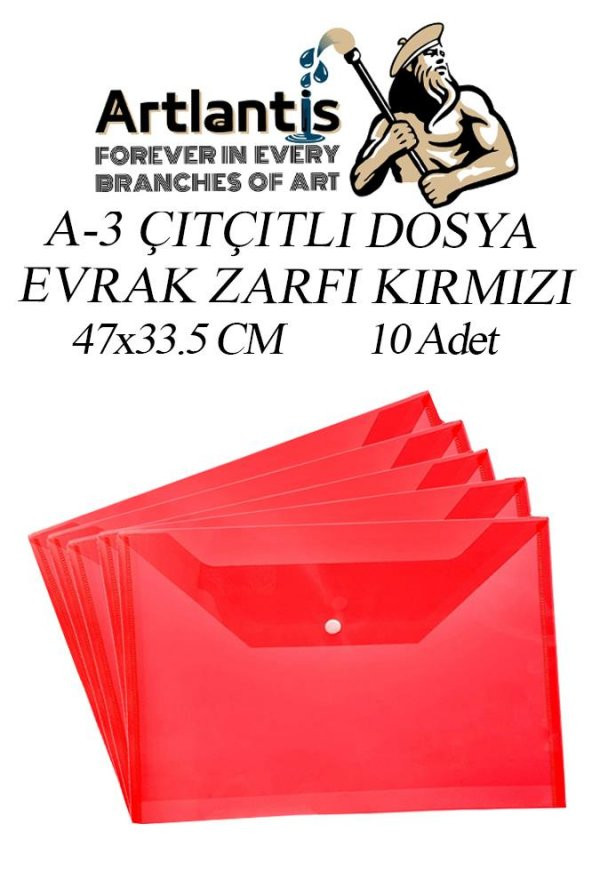 A3 Çıtçıtlı Dosya Kırmızı 10 Adet A-3 Çıt çıtlı Zarf Dosya Transparan 47x33.5 cm Büyük Boy Çıtçıtlı Dosya ürün görseli 1