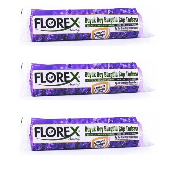 Florex 60 Litre Büzgülü Lavanta Kokulu Çöp Torbası Poşeti / 65 x 70 Cm. - 10 Adetlik 3 Rulo ürün görseli 1