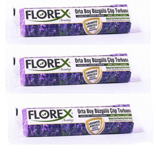 Florex 40 Litre Büzgülü Lavanta Kokulu Çöp Torbası Poşeti / 55 x 60 Cm. - 10 Adetlik 3 Rulo ürün görseli 1