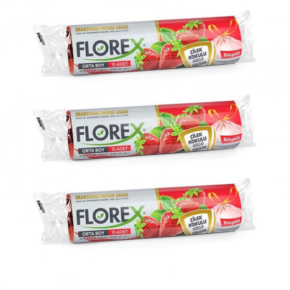 Florex 40 Litre Büzgülü Çilek Kokulu Çöp Torbası Poşeti / 55 x 60 Cm. - 10 Adetlik 3 Rulo ürün görseli 1