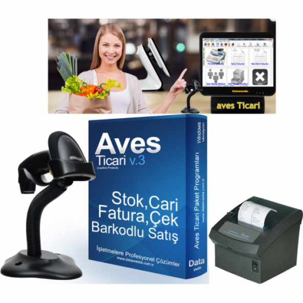 BARKODLU SATIŞ + LAZER BARKOD OKUYUCU + FİŞ YAZICISI HEDİYE AVES TİCARİ LAB BUNDLE ürün görseli 1