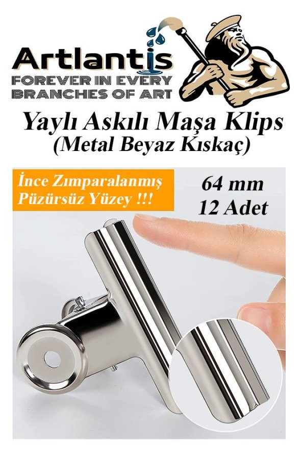 Yaylı Askılı Maşa Klips 64 mm 12 Adet Metal Beyaz Kıskaç 140 Yaprak Kapasiteli Pürüzsüz Mandal Kıskac ürün görseli 1