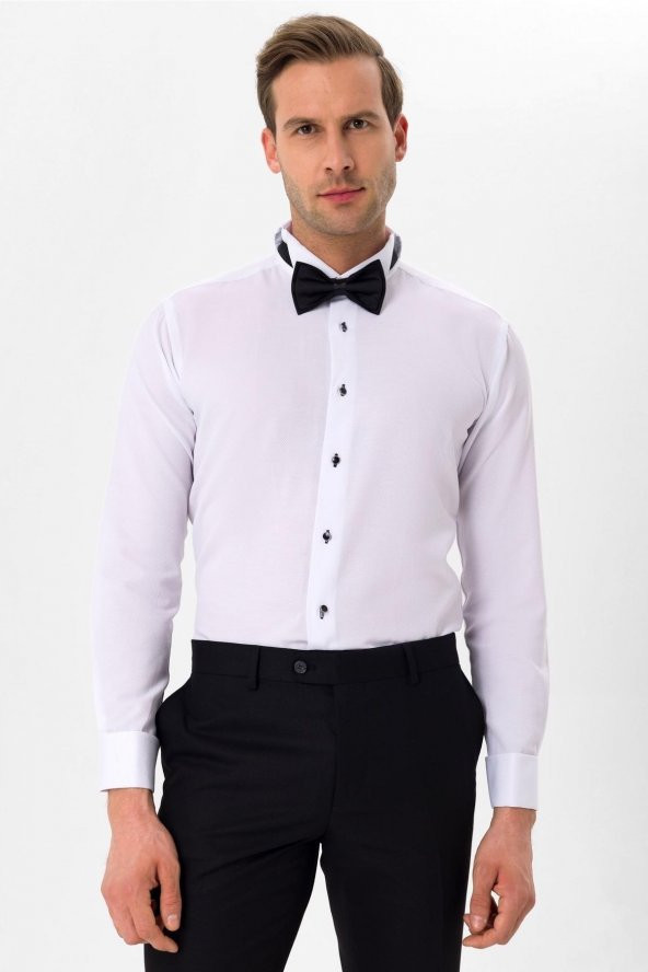 Manşetli Slim Kalıp Düz Gömlek - Resim 3