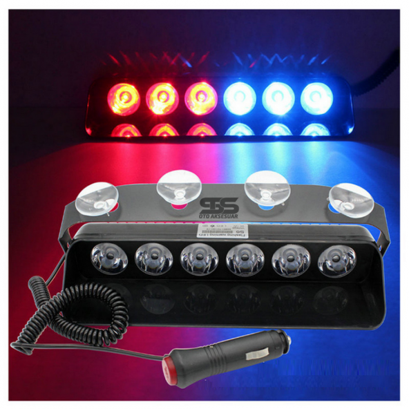 S6 Polis Çakarı Cam Içi Vantuzlu 6 Led Kırmızı Mavi Çakmaklık Girişli Ön Arka Cam 12 Mod ürün görseli 1
