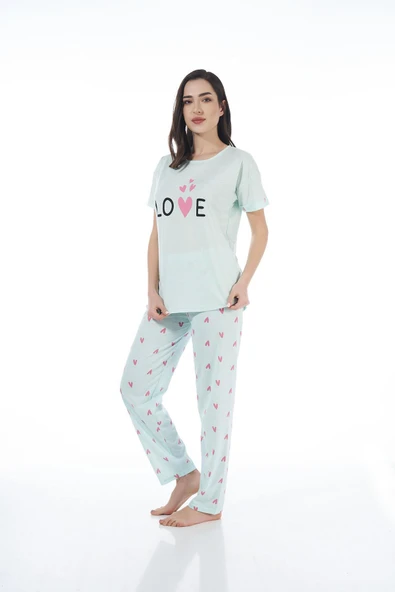 Estiva 22123 Kadın Kalp Desenli Kısa Kollu Viskon Pijama Takımı ürün görseli 1