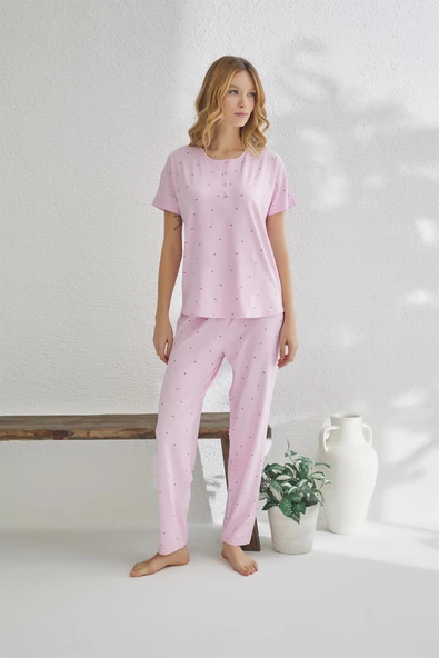 Estiva 23120 Kadın Puantiyeli Yakası Düğmeli Ring Viskon Yazlık Pijama Takımı ürün görseli 1