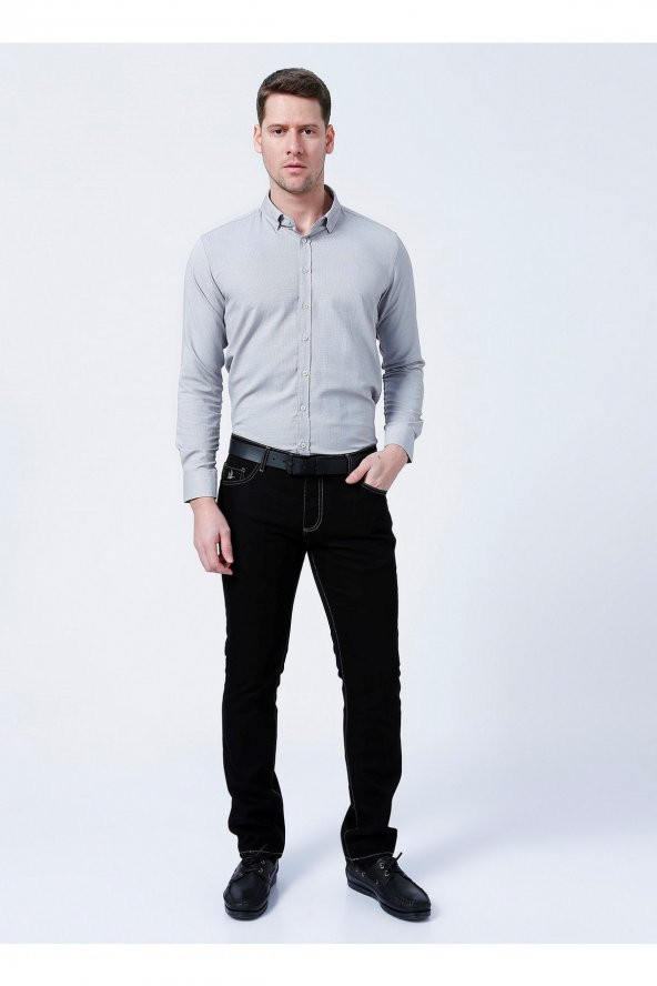Slim Fit Armürlü Gri Erkek Gömlek ürün görseli 1