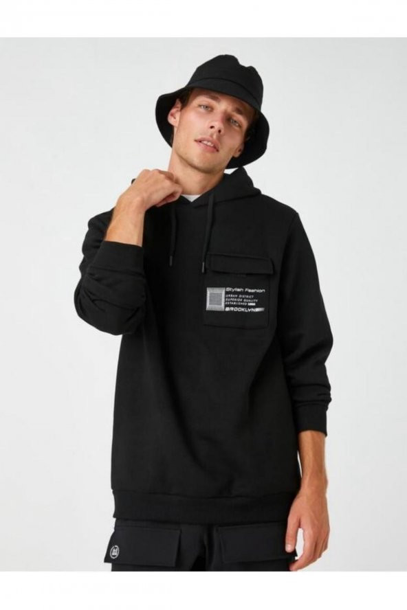 Kapşonlu Sweatshirt Slogan Baskılı Cep Detaylı - Resim 2