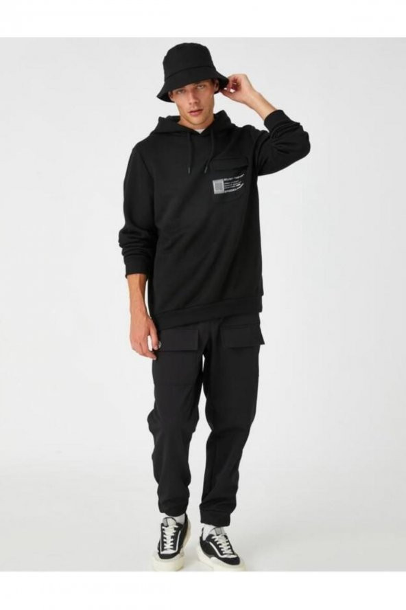 Kapşonlu Sweatshirt Slogan Baskılı Cep Detaylı - Resim 3