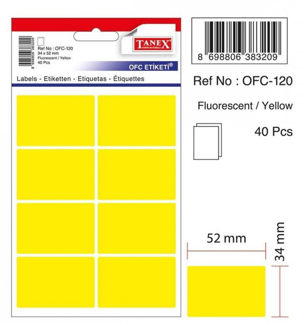 Tanex Etiket Ofc-120-34 X 52 Mm 40 Adet – Fosforlu Sarı ürün görseli 1