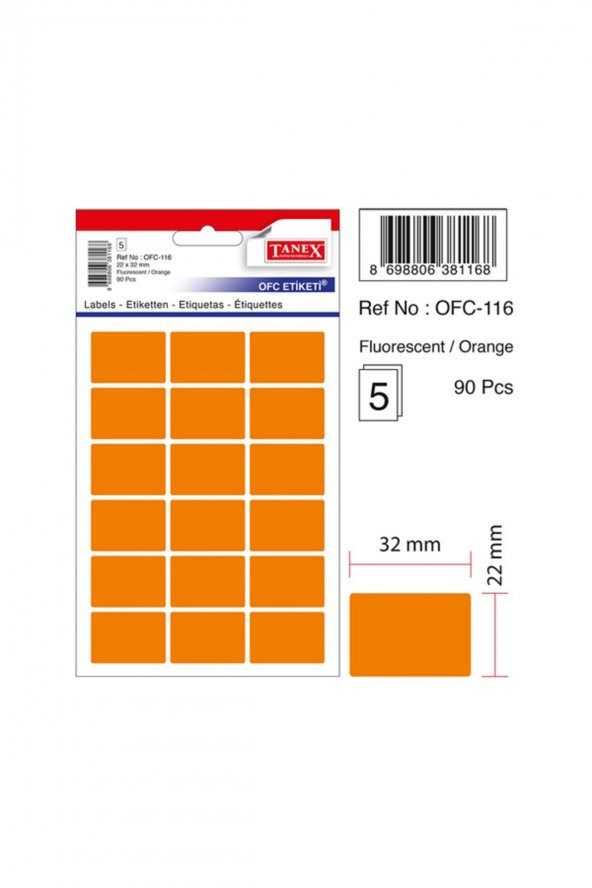 Tanex Etiket Ofc-116-22 X 32 Mm 90 Adet – Fosforlu Turuncu ürün görseli 1