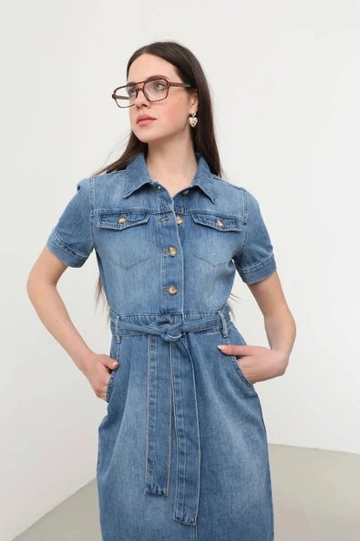 Blue White Kadın Kısa Kol Jean Elbise - Resim 4
