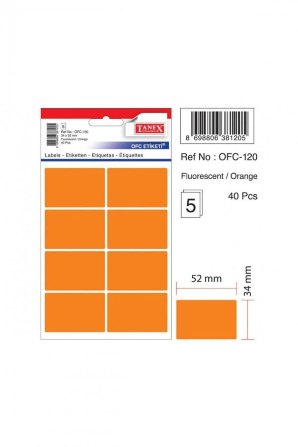 Tanex Etiket Ofc-120-34 X 52 Mm 40 Adet – Fosforlu Kırmızı ürün görseli 1
