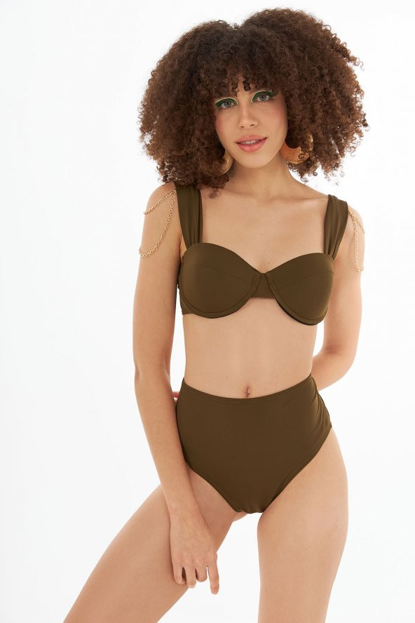 Haki Yeşil Yüksek Bel Tek Alt Bikini - Resim 3