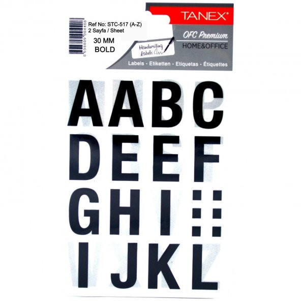 Tanex Etiket Stc-517 Harf Etiketi (A-Z) 3 Cm 2 Sayfa - Siyah ürün görseli 1