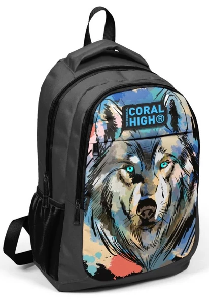 Coral High Siyah Kurt Desenli İlkokul ve Ortaokul Sırt Çantası Üç Bölmeli Erkek Çocuk ürün görseli 1