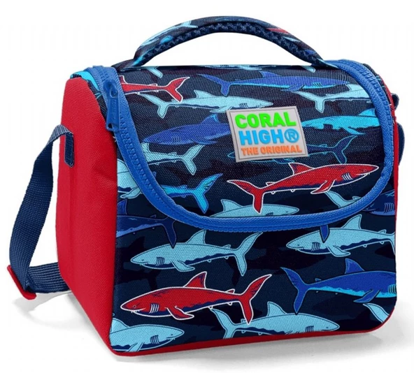Coral High Erkek Çocuk Okul Beslenme Çantası - Isı Yalıtımlı Lacivert Kırmızı Köpekbalığı Baskılı ürün görseli 1