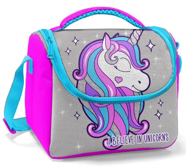 Coral High Pembe Gri Unicorn Baskılı Kız Çocuk Okul Beslenme Çantası ürün görseli 1