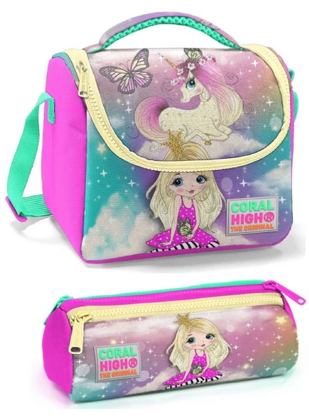 Coral High Pembe Mavi Kız ve Unicorn Kız Çocuk Beslenme Çantası Seti ürün görseli 1