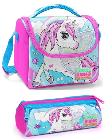 Coral High Kız Çocuk Pembe Mavi Unicorn Beslenme Çantası Seti ürün görseli 1