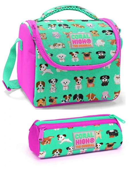 Coral High Kız Çocuk Pembe Yeşil Köpekler Beslenme Çantası Seti ürün görseli 1