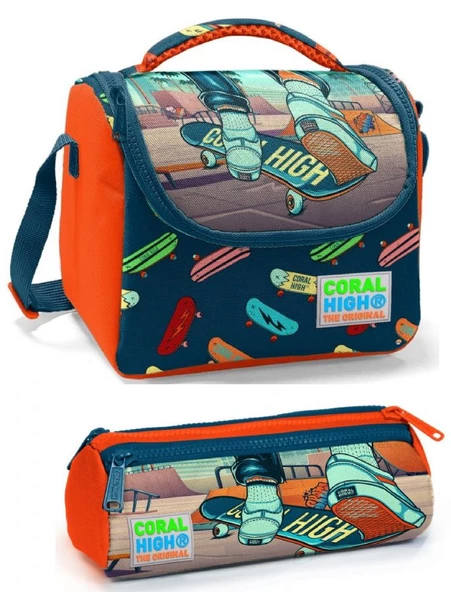Coral High Erkek Çocuk Turuncu Yeşil Beslenme Çantası Seti ürün görseli 1