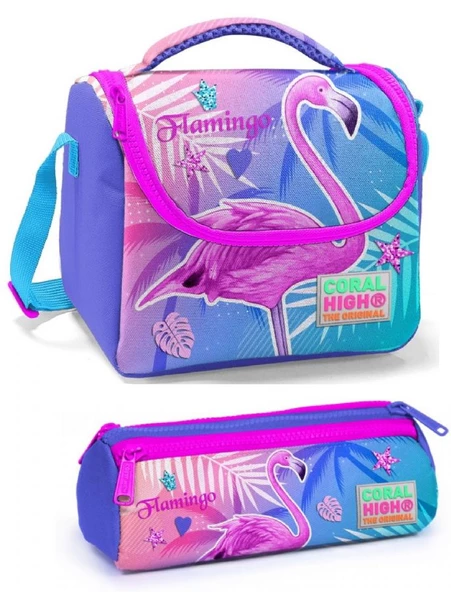 Coral High Kız Çocuk Mavi Pembe Flamingo Beslenme Çantası Seti ürün görseli 1
