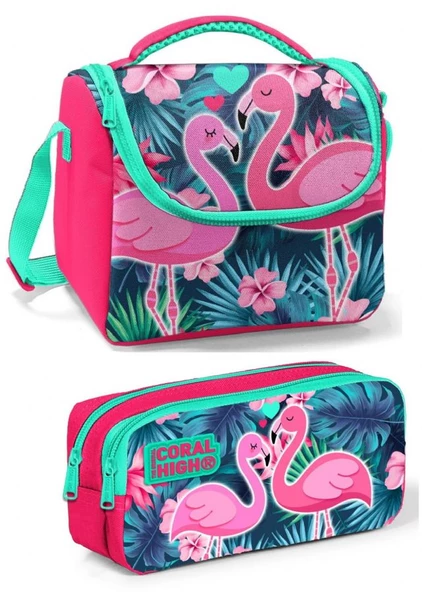 Coral High Mercan Yeşil Flamingo Kız Çocuk Beslenme Çantası Seti ürün görseli 1