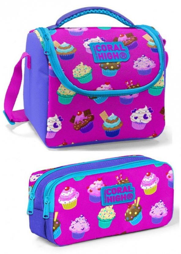 Coral High Mor Cupcake Kız Çocuk Beslenme Çantası Seti ürün görseli 1