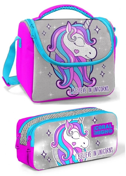 Coral High Pembe Mavi Unicorn Kız Çocuk Beslenme Çantası Seti ürün görseli 1