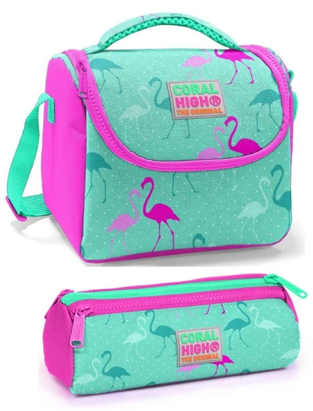 Coral High Kız Çocuk Su Yeşili Pembe Flamingo Beslenme Çantası Seti ürün görseli 1