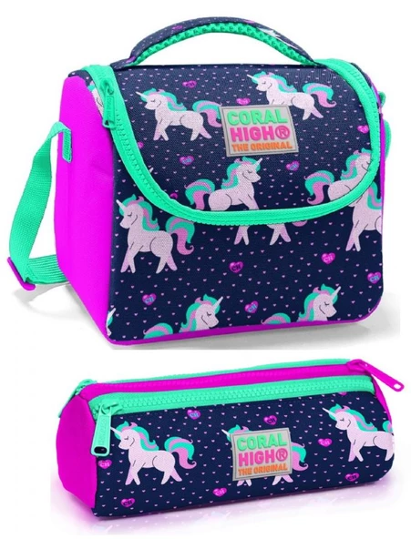 Coral High Kız Çocuk Mor Pembe Unicorn Beslenme Çantası Seti ürün görseli 1
