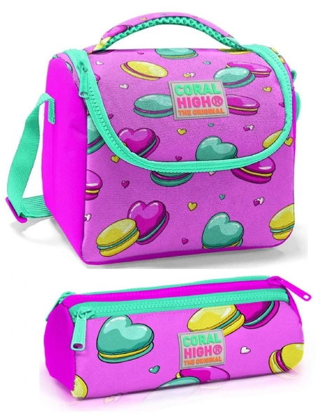 Coral High Kız Çocuk Pembe Makaron Beslenme Çantası Seti ürün görseli 1