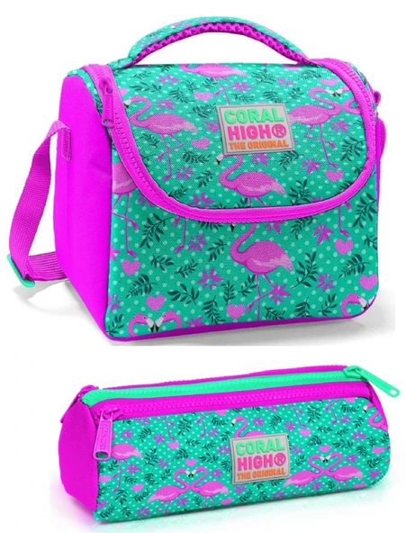 Coral High Kız Çocuk Pembe Yeşil Flamingo Beslenme Çantası Seti ürün görseli 1
