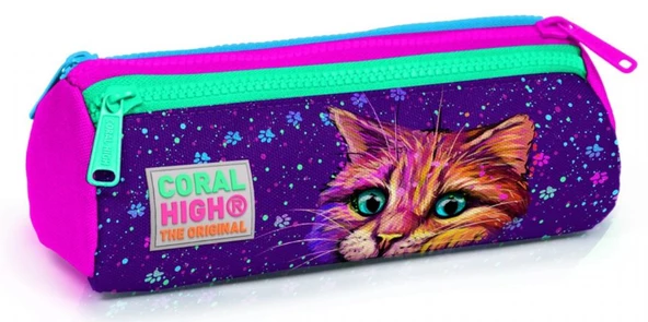 Coral High Mor Kedi Üç Bölmeli Kalem Çantası - Kız Çocuk ürün görseli 1