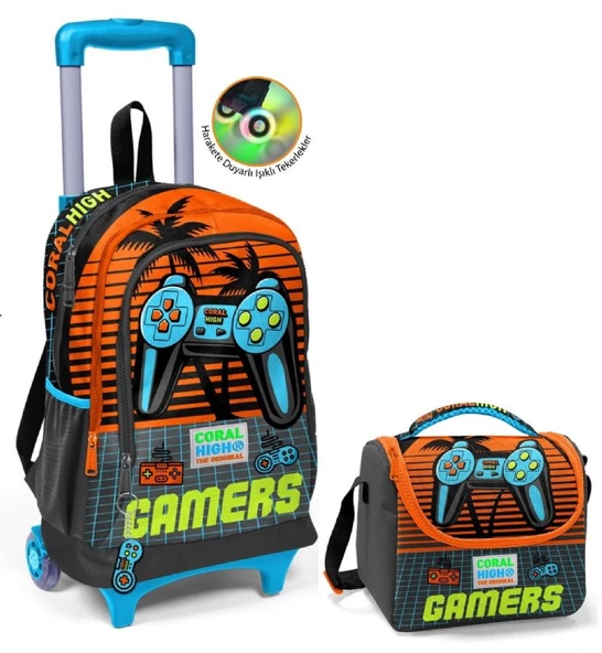 Coral High Turuncu Gamers Çekçek Okul Çantası ve Beslenme Seti - Işıklı Tekerlekler - Erkek Çocuk ürün görseli 1