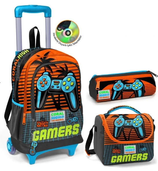 Coral High Turuncu Gamers Çekçek Okul Çantası Seti - Işıklı Tekerlekler - Erkek Çocuk ürün görseli 1