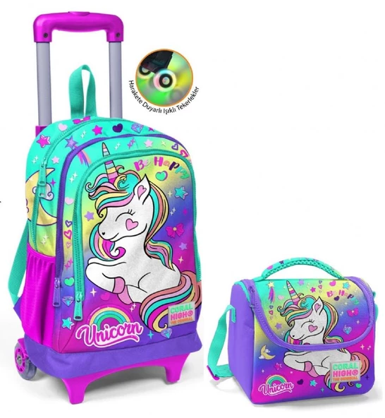Coral High Su Yeşili Lavanta Unicorn Çekçek Okul Çantası ve Beslenme Seti - Işıklı Tekerlekler - Kız Çocuk ürün görseli 1
