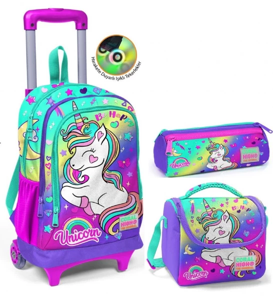 Coral High Su Yeşili Lavanta Unicorn Çekçek Okul Çantası Seti - Işıklı Tekerlekler - Kız Çocuk ürün görseli 1