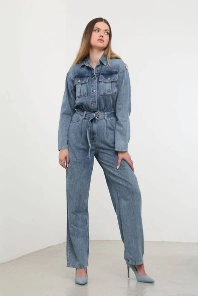Kadın Oversize Jean Tulum Mavi - Resim 4